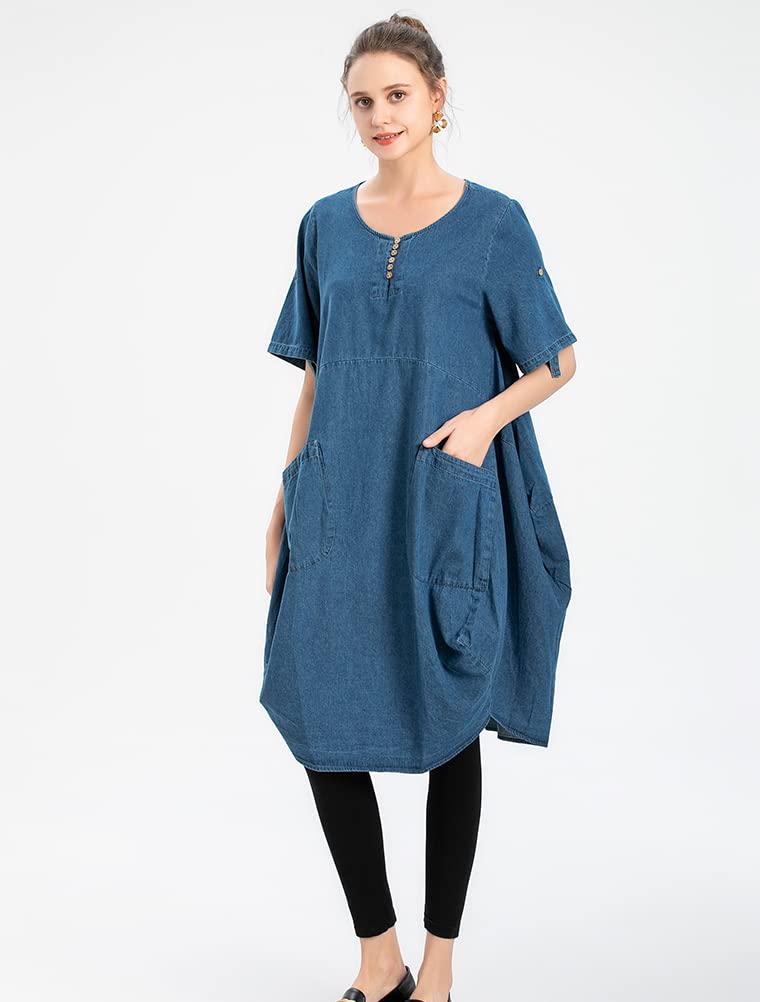LaovanIn Women's Plus Size Tunic Dress Summer Cotton Linen T Shirt Knee-Length Dresses Denim Blue Medium - Image 2